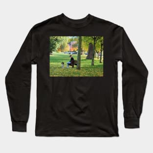 Young woman with her dog and phone in the park Long Sleeve T-Shirt